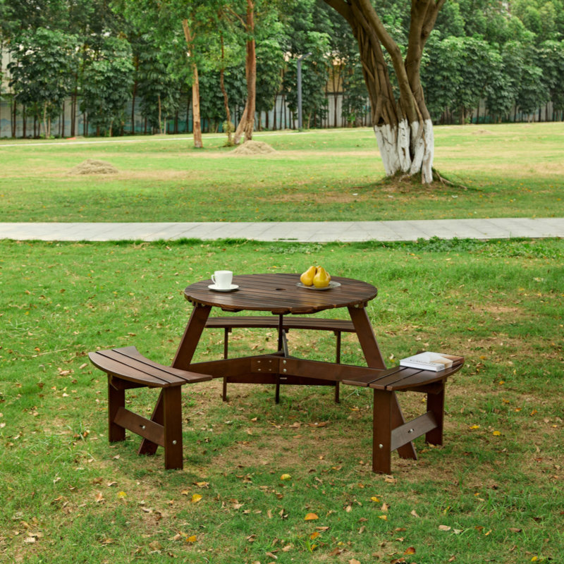 Brown Wooden Outdoor Round Picnic Table with Built-In Benches