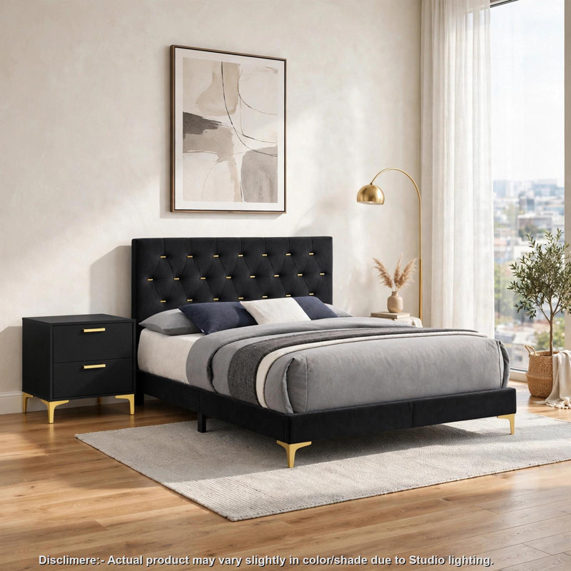 Ensemble de chambre à coucher Queen, noir et or, ensemble de 2 pièces avec table de chevet, Black, Gold