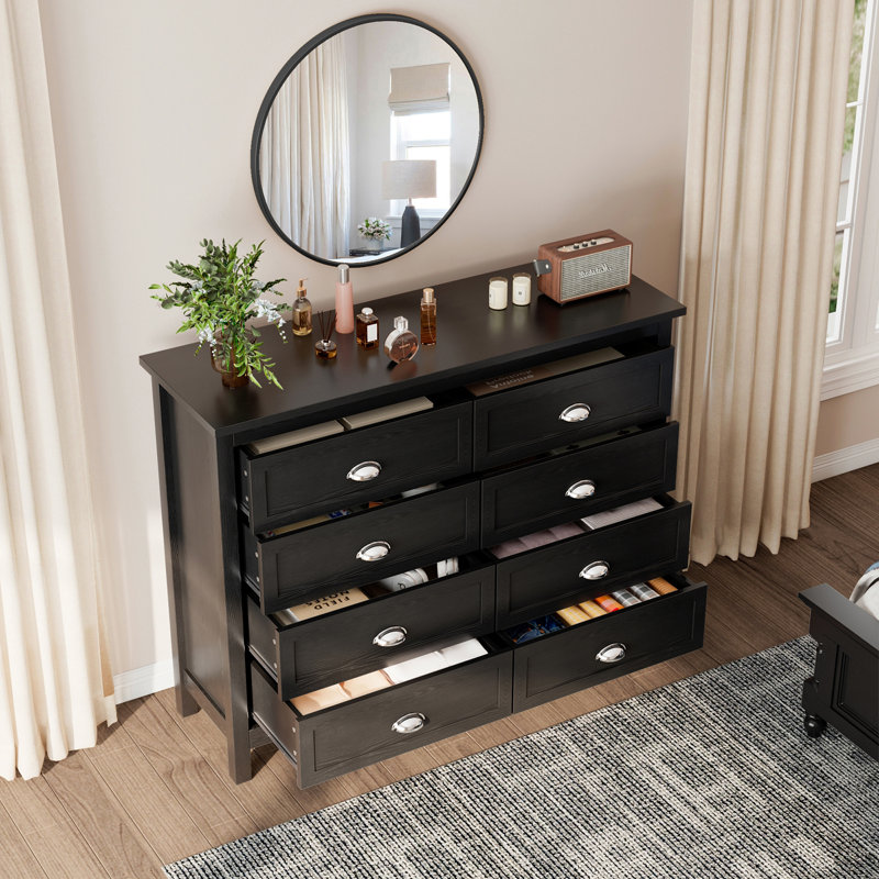  Frigon Dresser For Bedroom, Modern Dresser With 8 Drawers, Wide Chest Of Drawers With Metal Handles, Black