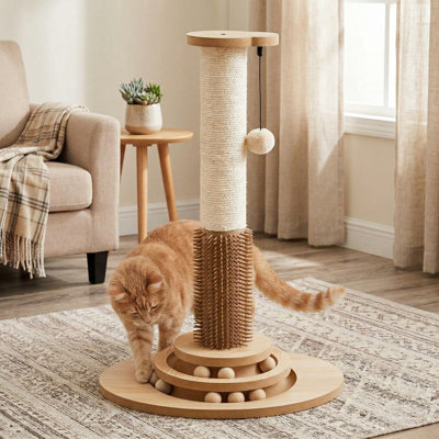 Grattoir pour chat 4 en 1, grattoir en sisal naturel de 23 pouces avec auto-toiletteur et boule de jeu interactive, beige