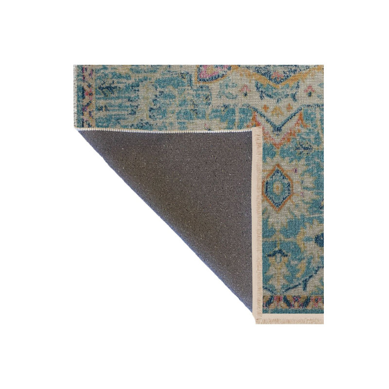 Tapis lavable décoratif bleu à motif traditionnel multicolore, Sous-tapis rectangulaire 2 pi 6 po x 4 pi 11 po