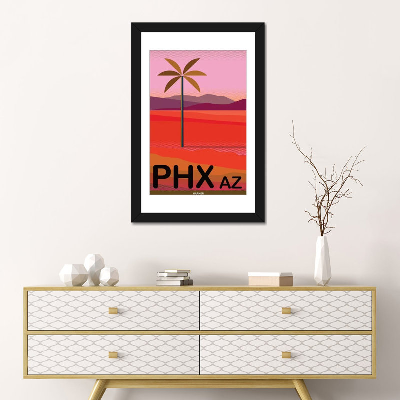 «Phoenix Travel Poster», publicité sur toile, H 24 po x l 16 po x P 1 po, Papier beaux-arts encadré noir, Blanc