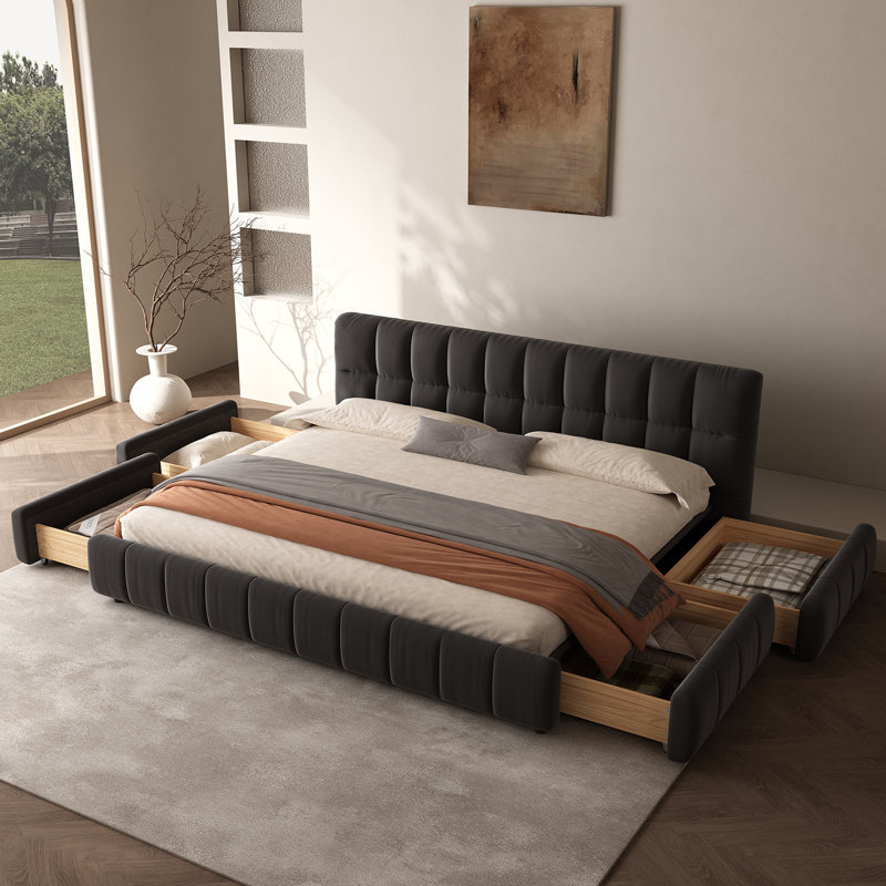 Lit plateforme moderne avec lit plateforme et tête de lit moelleuse avec 4 tiroirs de rangement pour chambre à coucher et appartement