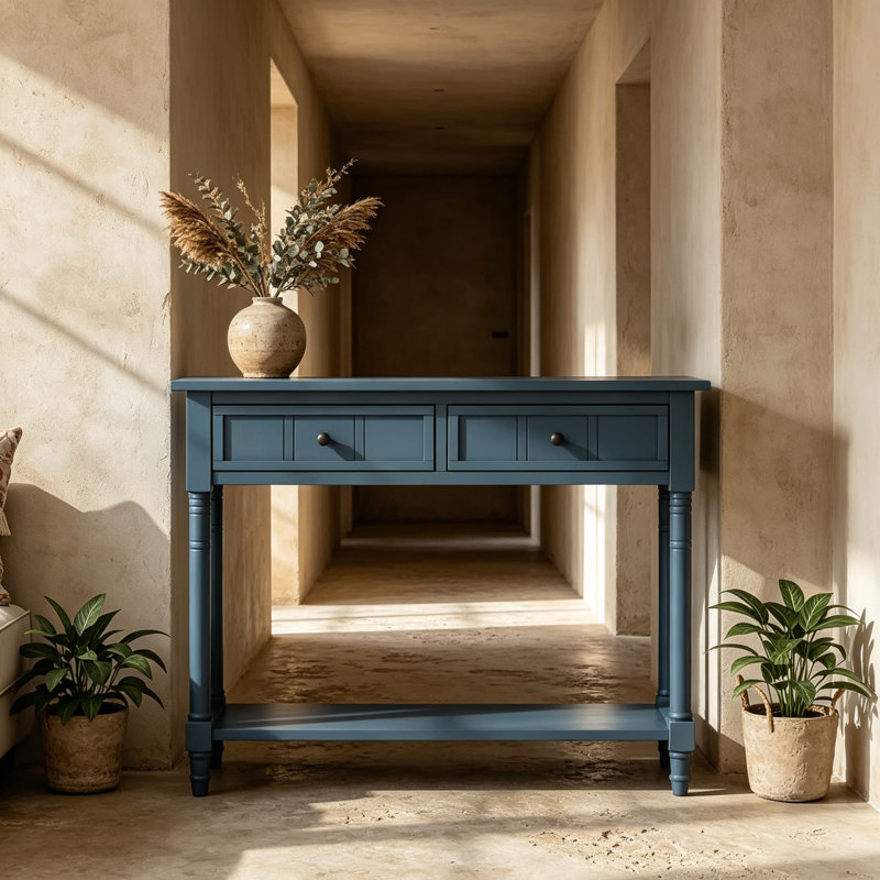 Longue console d'entrée étroite avec tiroirs de rangement et tablette inférieure, marine foncé, panneau de fibres à densité moyenne et bois de pin massif, style campagne