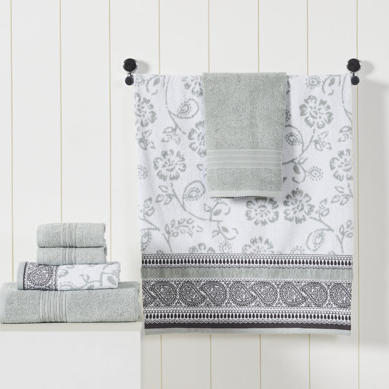 Modern Threads 6 Piece Set, 2 Bath Towels, 2 Hand Towels, 2 Washcloths Yarn Dyed Jacquard/Solid Towel Set Ophelia, Dark Sage