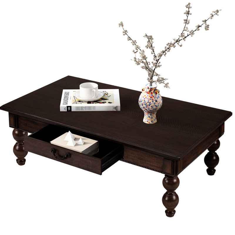 Table basse rectangulaire rétro avec tiroir de rangement, pieds en forme de gourde et placage, table de charge de 330 lb, bois d'hévéa pour la décoration intérieure