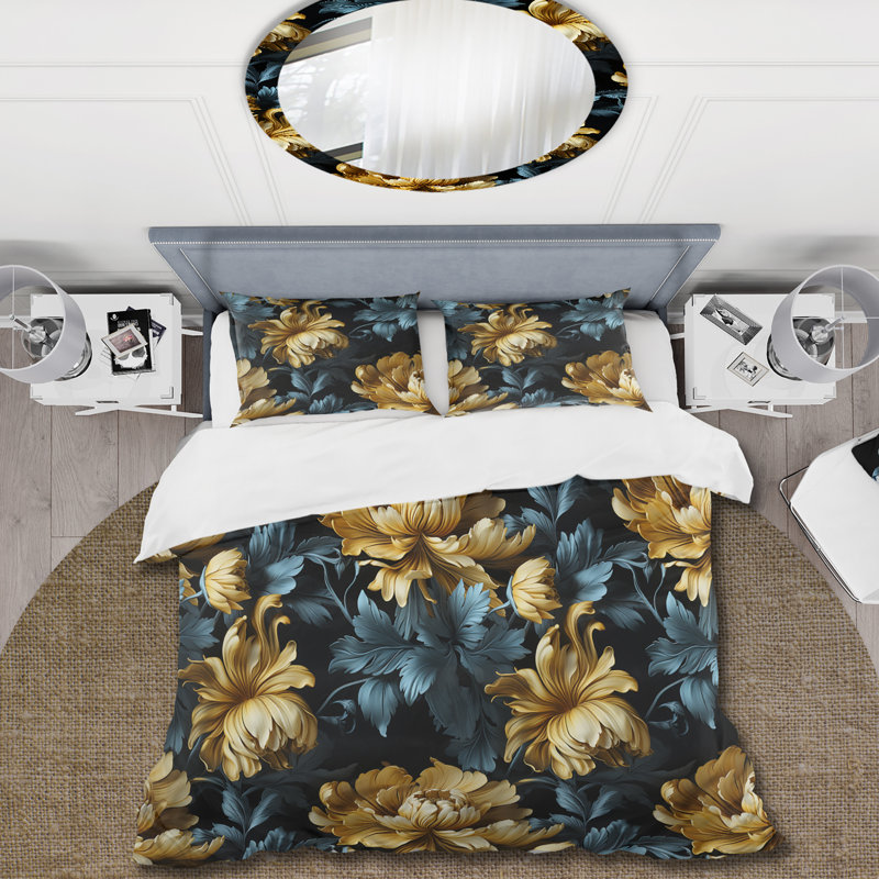 Dark Blue And Golden Gilded Damask Glamour - Damask Duvet Cover Set, Queen Duvet Cover + 2 Standard Shams