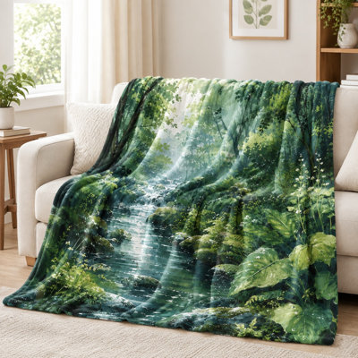 Plaid aquarelle « Ruisseau forestier » - Verdure luxuriante, eau sereine, nature vibrante, design artistique, texture douce, légère, respirante, confort toutes saisons, décoratif, pour canapé, salon et chambre