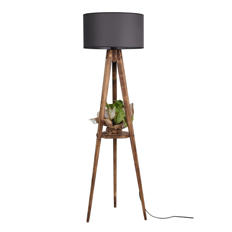 Luro Stylish Wooden Floor Lamp with Shelf, 5.9 x 5.9 inches, Brown & Grey | 60W E27 Socket, 60 in Height | Electrostatic Oven Dried Paint | On/Off Switch on Cable | Perfect for Living Room, Bedroom & Office Decor