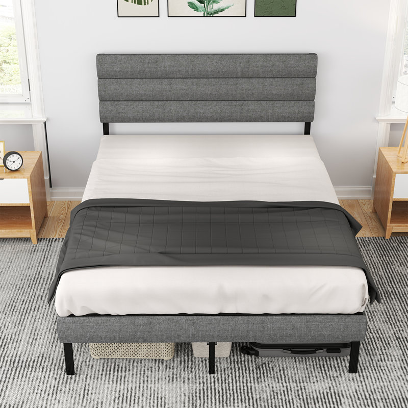 Metal Platform Bed Frame With Linen Upholstered Headboard, Full / Double