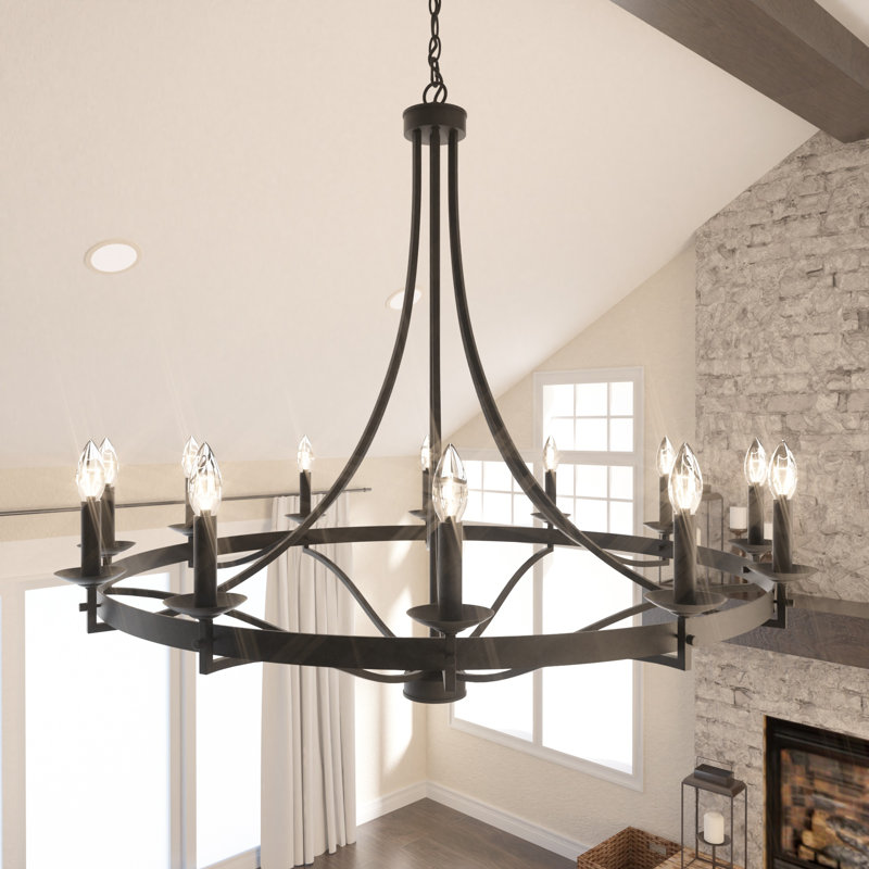 Mattheo 12 - Light Steel Candle Style Dimmable Wagon Wheel Chandelier, Black