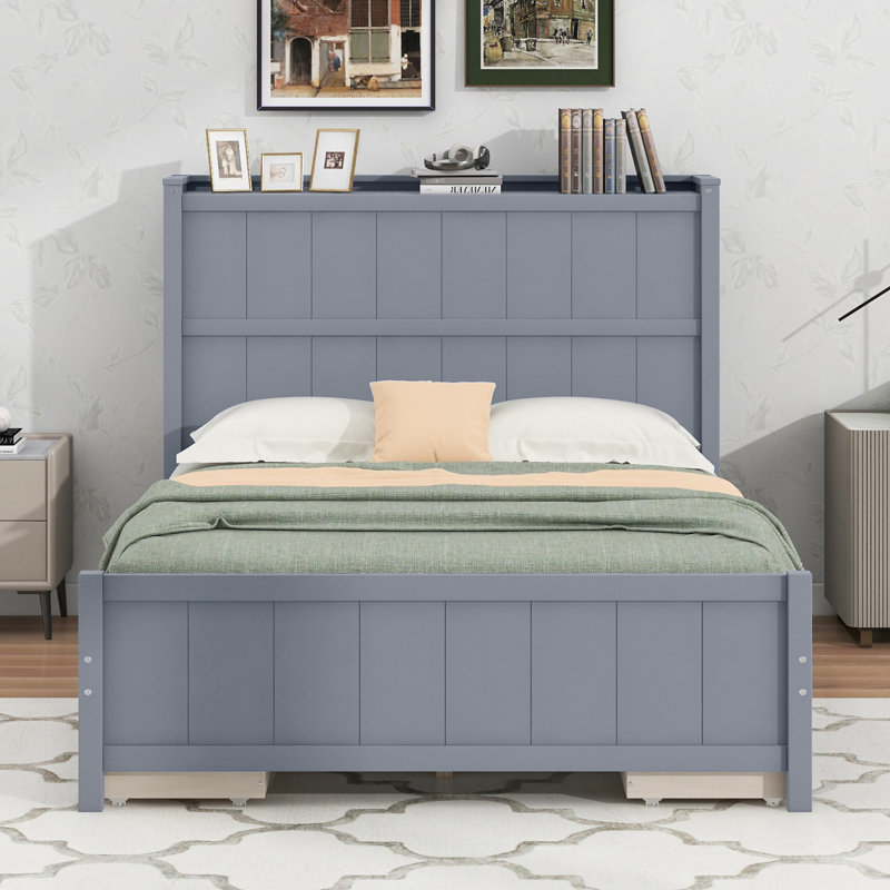 Lit plateforme avec tiroirs et tablettes de rangement, Gris