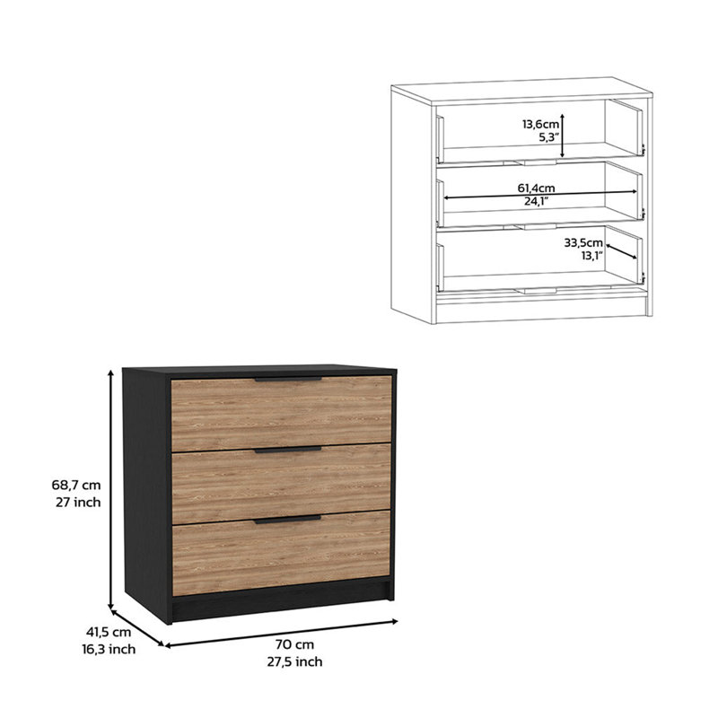 Commode 3 tiroirs Anayelly, Black/Brown