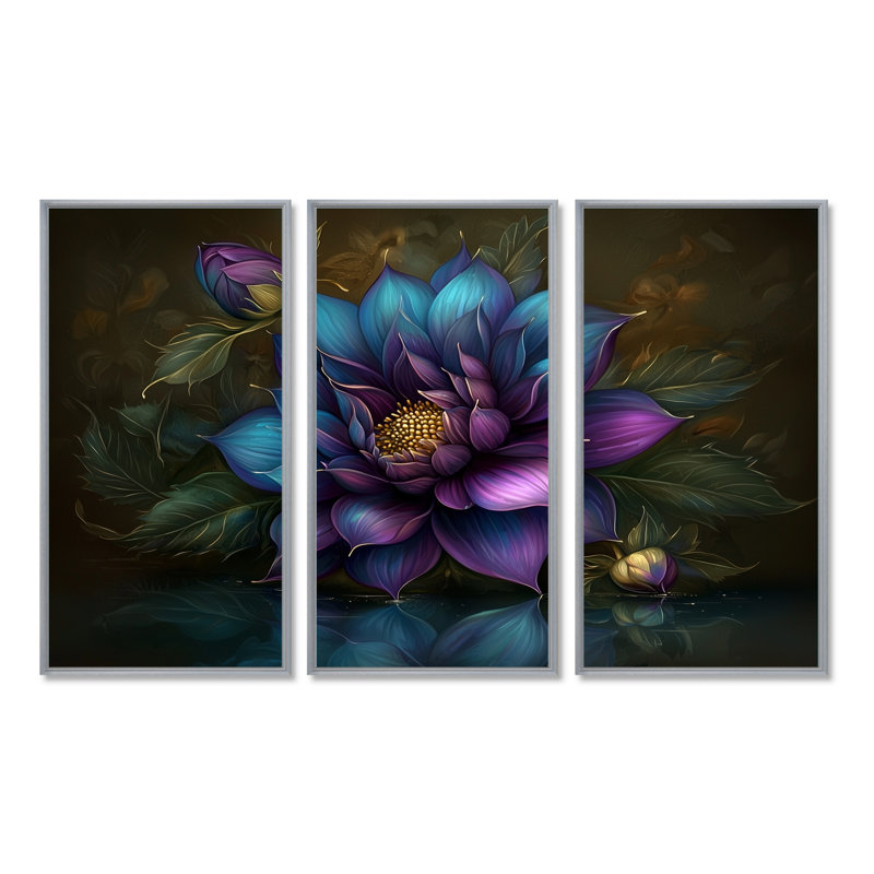 Ensemble de salon fractal mauve Dahlias, H 32 po x l 48 po, Reproduction avec cadre flottant, Argent argent