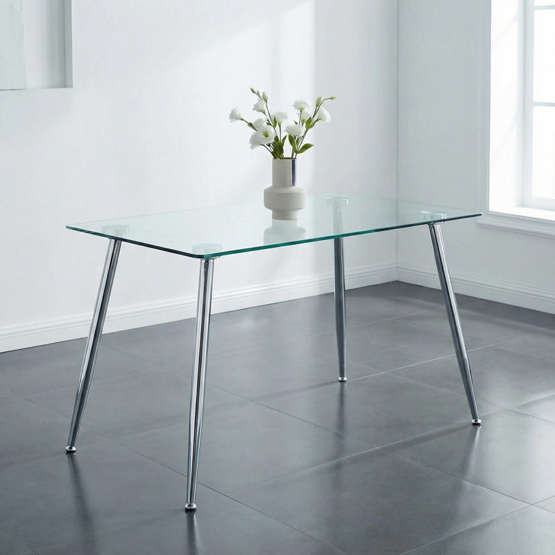 51 Inch Modern Minimalist Glass Dining Table For 4 To 6 With Tempered Glass Top And Steel Silver Legs, Silver