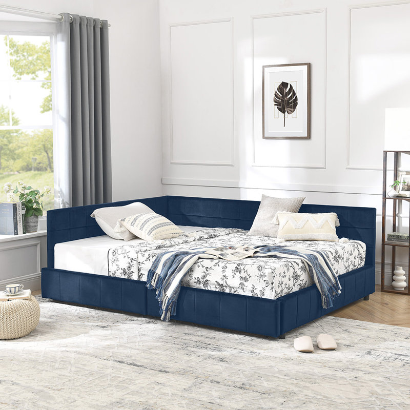 Storage Upholstered Tufted Bed Frame Sofa Bed Frame with Comfortable Backrest and Armrests, Dark Blue