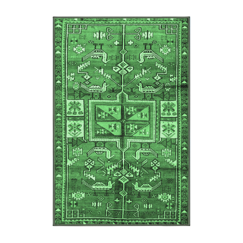 Tapis en laine / polyester tissé à la machine Southwestern en vert / ivoire / noir, Rectangle 2 pi x 3 pi