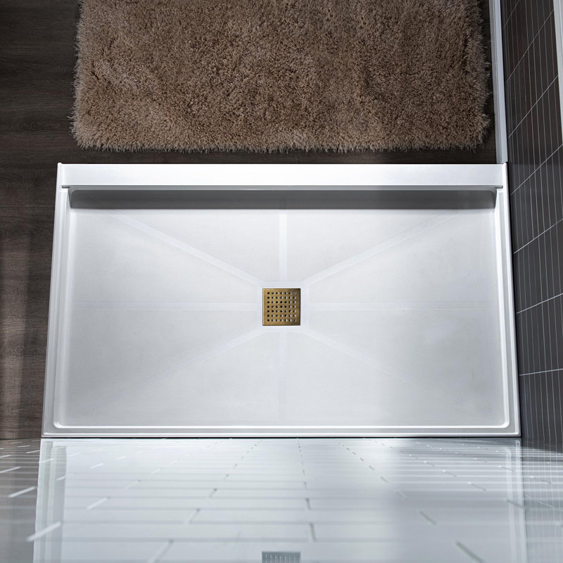 60" x 30" D Single Threshold Shower Panel Base with Drain Assembly and Drain Cover Included, Non-Slip, Centre, Or brossé
