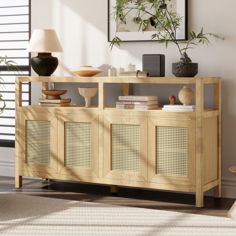 Bohemian Style Rattan Buffet Storage Cabinet with Solid Wood Frame, Push-to-Open Design, Natural