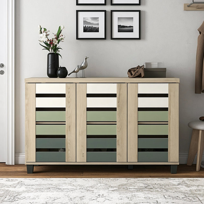 Armoire de rangement à chaussures 16 paires Lismore, Chêne Oslo / parchemin / vert sauge / vert chou f