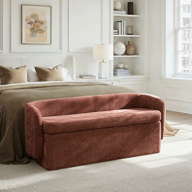 Heidi 61"W Modern Chenille No Assembly Filp-Top Storage Bench with Backrest Seat, Rust