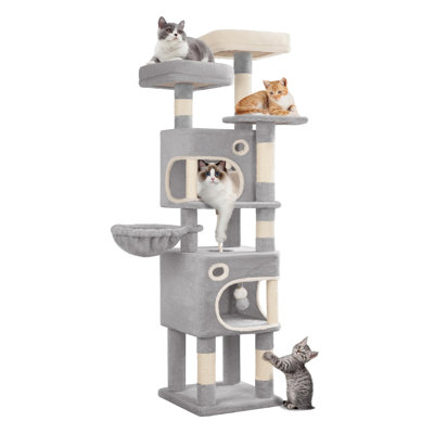 159cm Tall Cat Tree Tower for Indoor Cats, Multi-Level Cat Condo with 8 Sisal Scratching Posts, 3 Platforms, 2 Caves, Basket, Plush Balls & Anti-Tip Kit, Light Grey