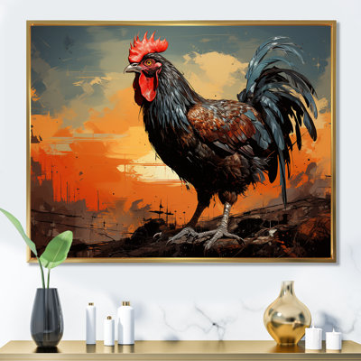Coucher de soleil coqs de ferme I - Art mural coq