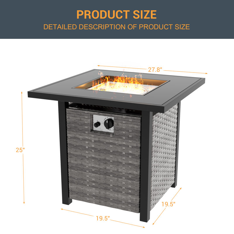 Vinayak 25'' H x 27.8'' W PE Wicker Propane Outdoor Fire Pit Table with Lid, Gray