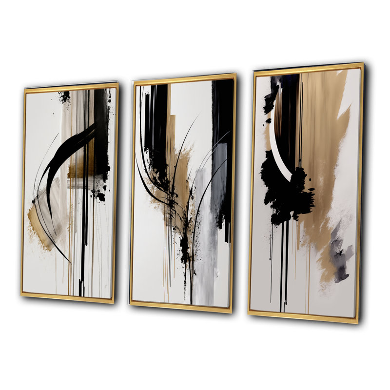 Noir, blanc et or Expression I - ensemble d'art abstrait mural de 3, Or, H 40 po x l 60 po