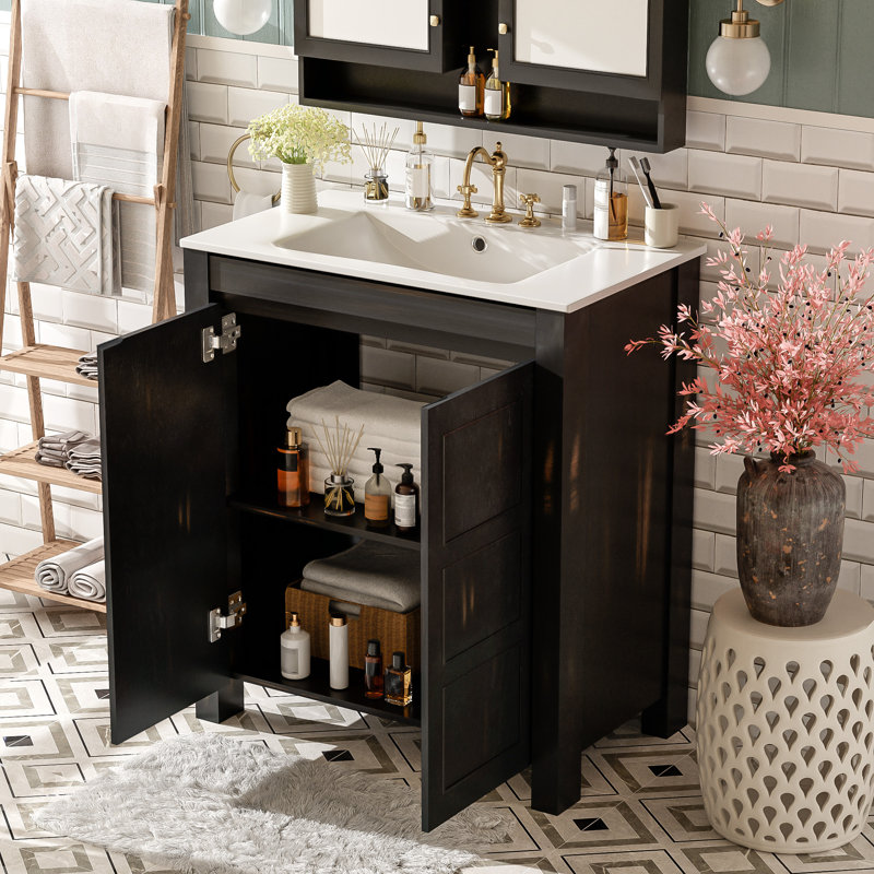 Meuble-lavabo rustique 30 po avec lavabo en céramique - Armoire espresso