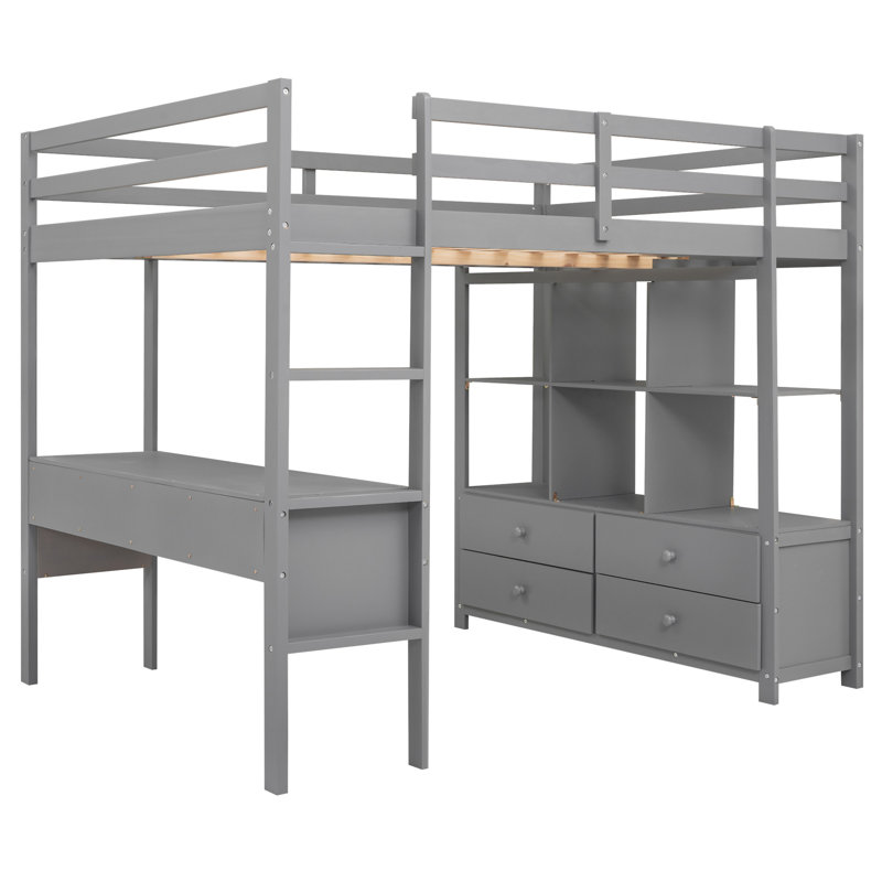 Lit mezzanine avec bureau intégré et deux tiroirs, Gris, Lit double