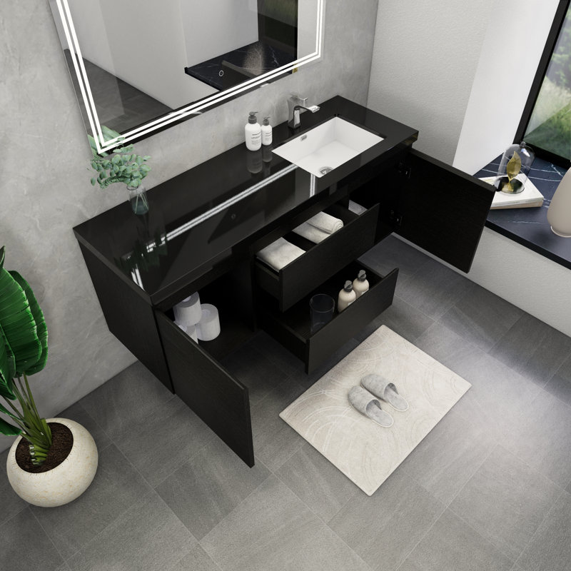 Castin 60" Wall-Mounted Single Right Sink Bathroom Vanity Set, Rich Matt Black