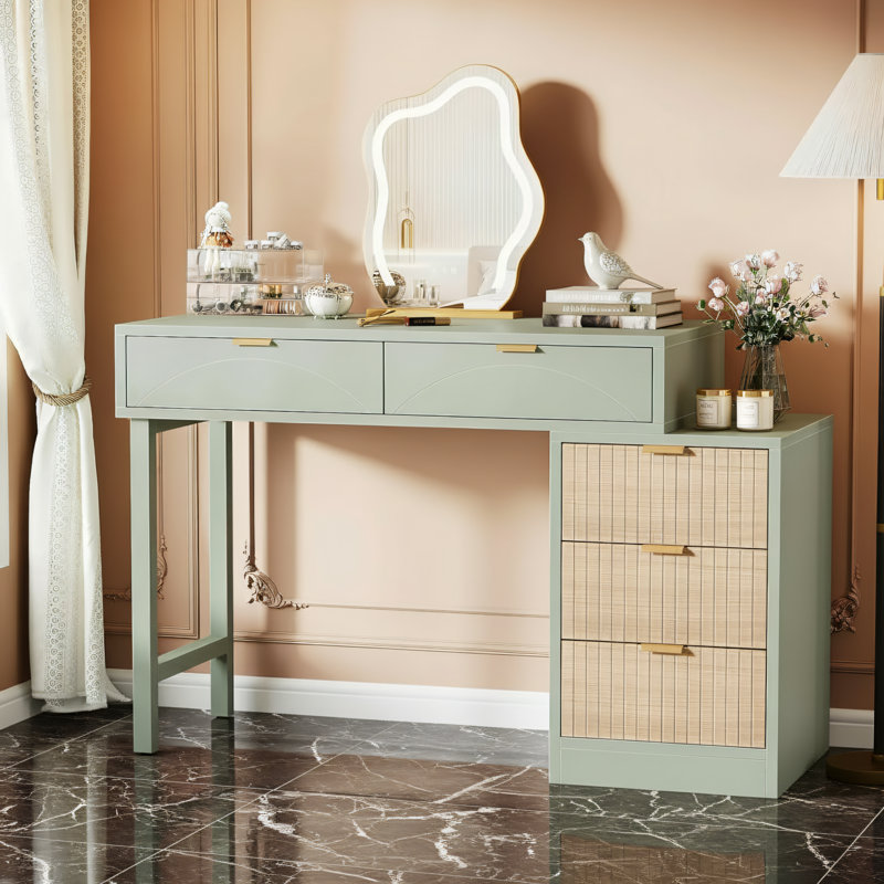 39.38-Inch Modern Dressing Table, Solid Wood Vanity Table With 5 Drawers For Large-Capacity Storage, Bedroom-Specific Dressing Cabinet, Mint Green.