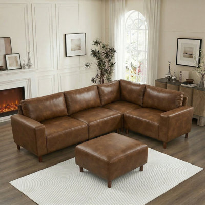 Modern Luxury 5-Piece Modular Sectional Corner Sofa - Breathable PU Leather Upholstered Couch with Ottoman