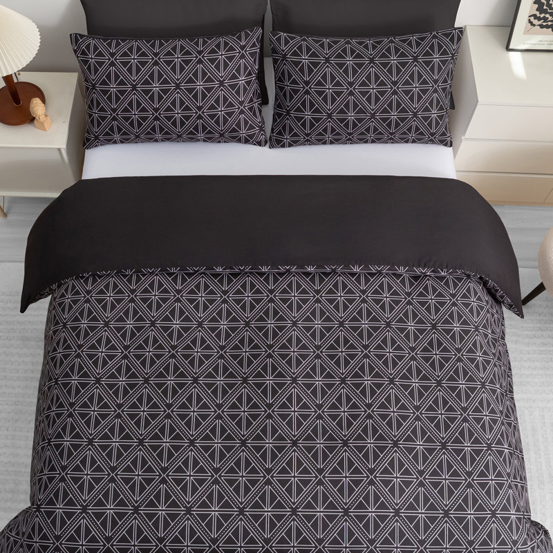 Soft Touch Reversible Duvet Cover  with Secure Zipper & Corner Ties, Black, Super King Duvet Cover + 2 Standard Pillowcases