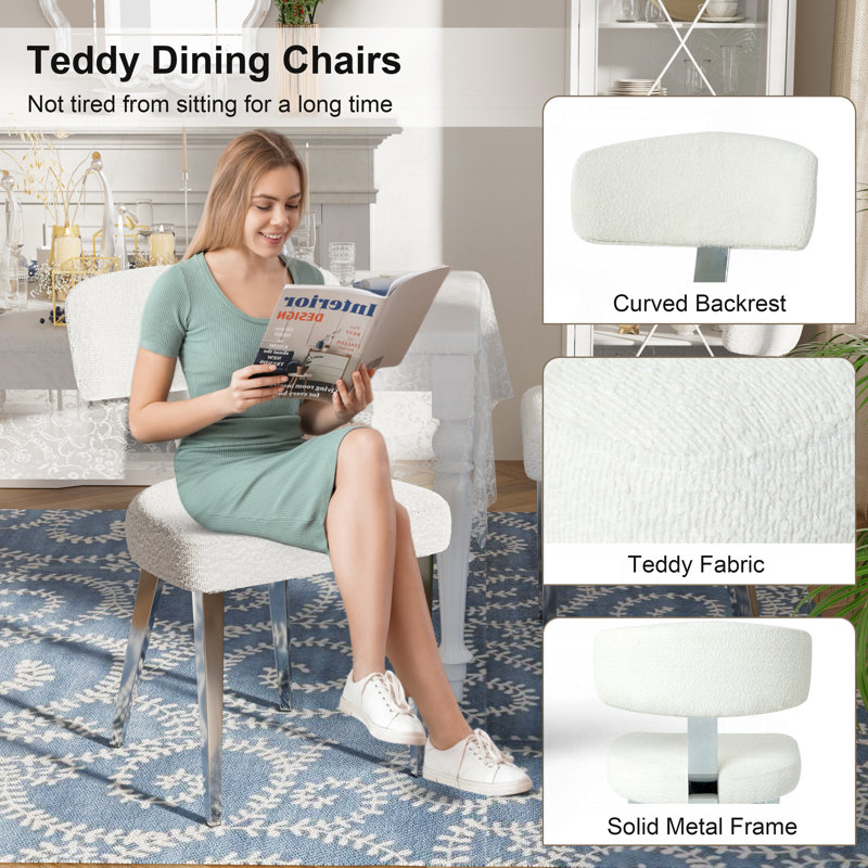Modern Boucle Dining Chairs Teddy Upholstered Dining Room Chairs Kitchen Chair With Metal Legs Mid Century Modern Chair For Dining Room, Kitchen