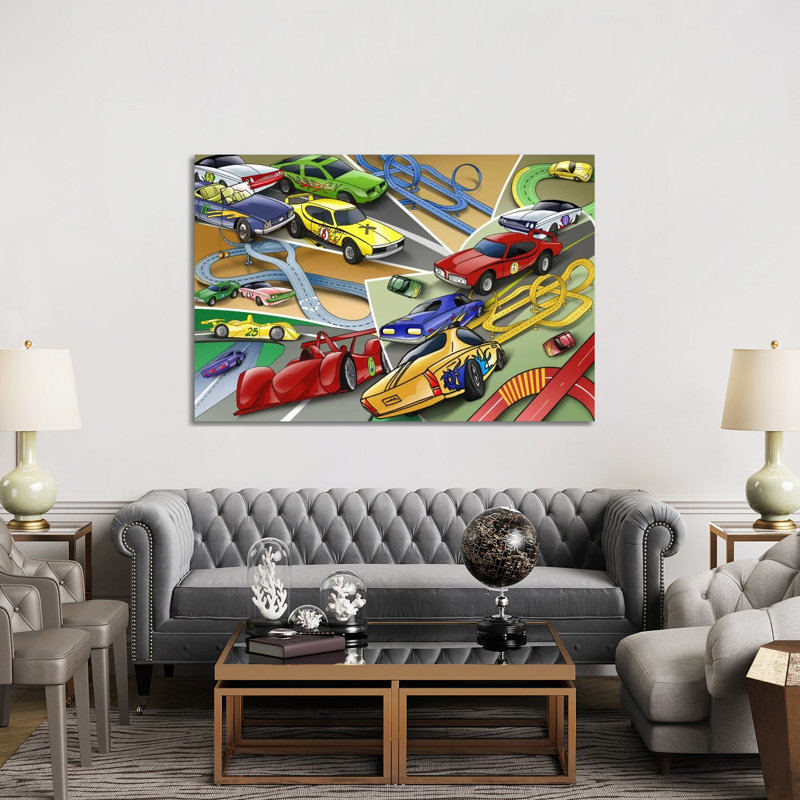Cartoon Racing Cars - Print on Canvas, 152.5 cm H x 101.5 cm W, White Floater Framed