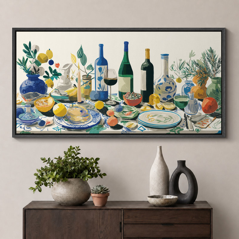 Colorful Mediterranean Feast Artwork Extra Large Pictures Framed Canvas Print Wall Art, 30" H x 60" W, Black