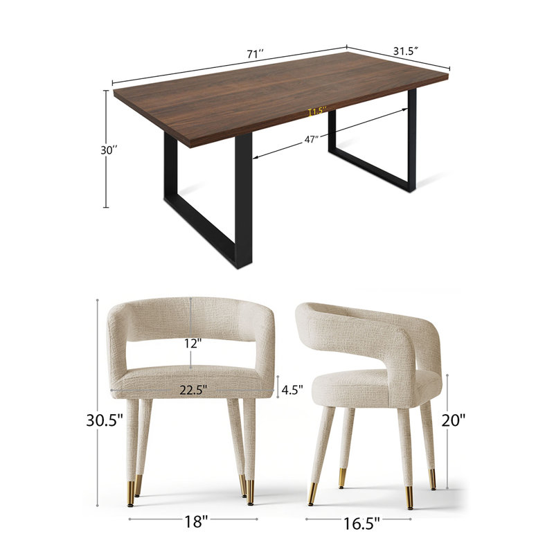 7-Piece Rectangular Dining Set With Chenille Arm Chairs, Oatmeal