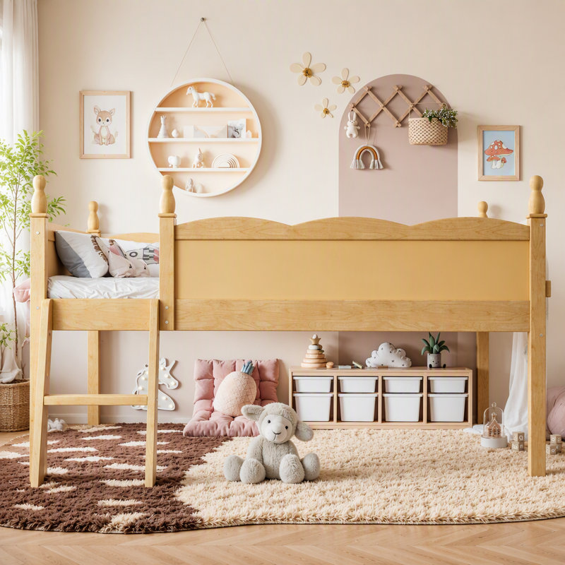 Lit mezzanine en bois avec barrières de sécurité, échelle et tablette de chevet, Double, Naturel