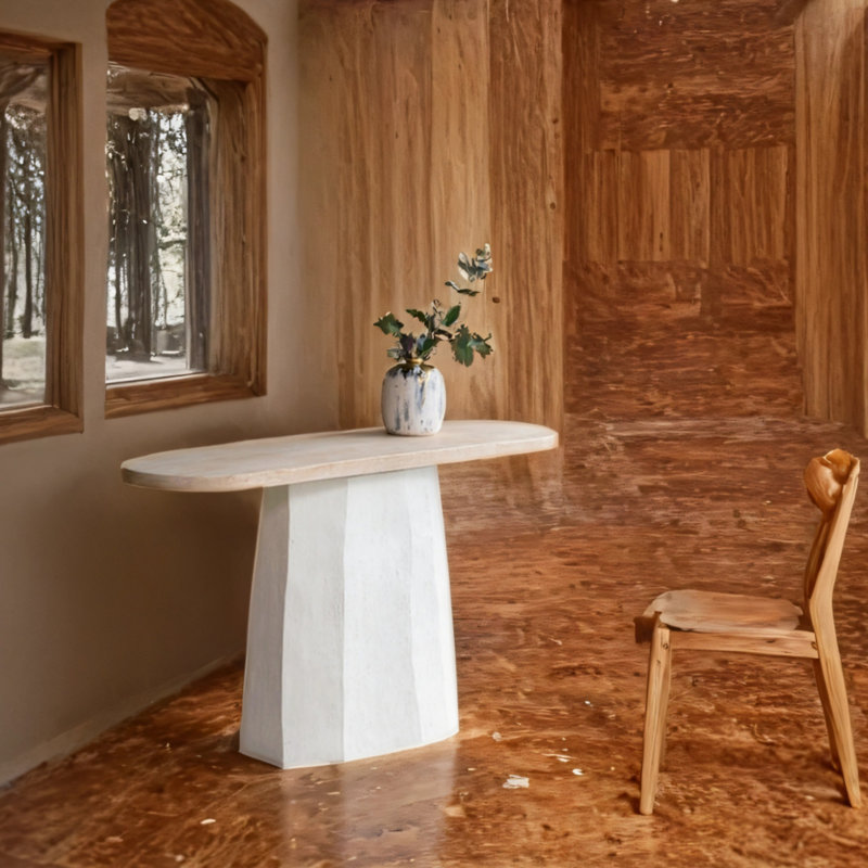 Console décorative avec plateau en bois brun et base en magnésium blanc