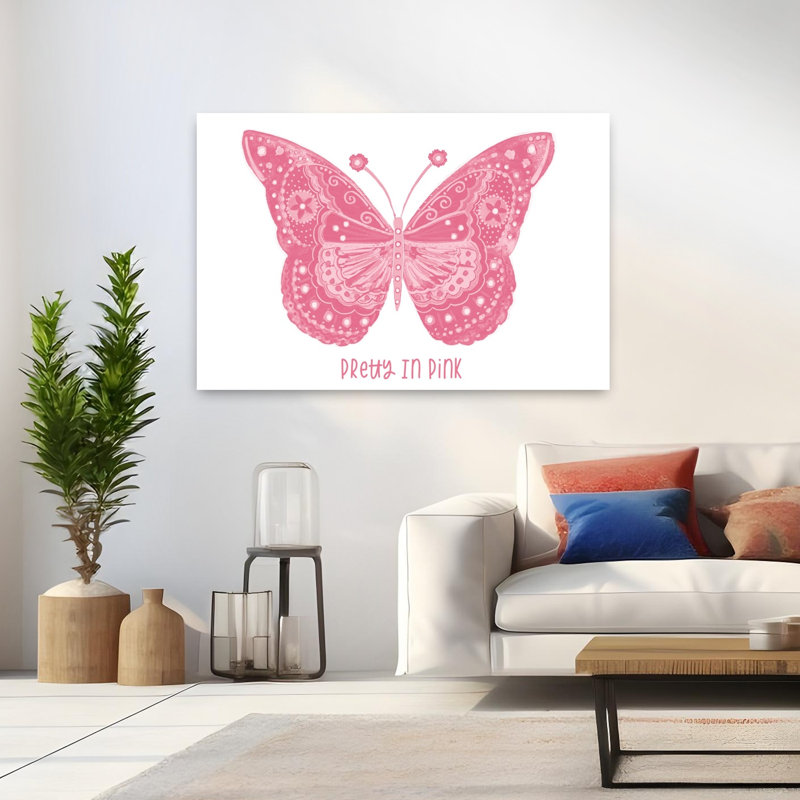 Joli papillon rose fantaisiste, art contemporain, H 32 po x l 48 po