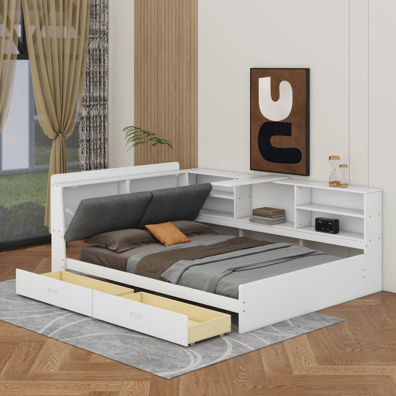 Lit plateforme double avec tête de lit, tablettes et tiroirs de rangement, Blanc