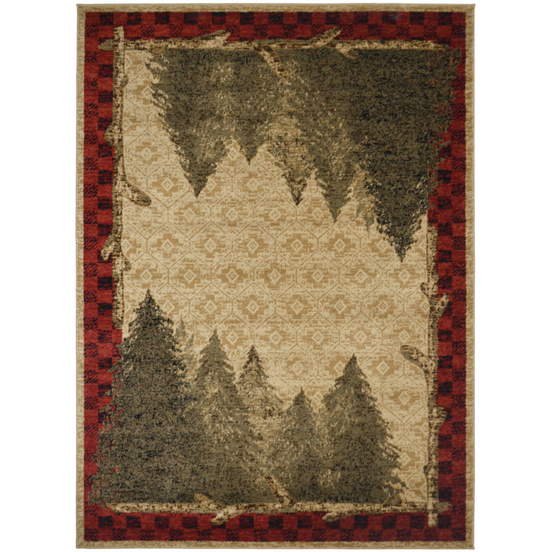 Tapis beige à motif d'arbres de style antique Forest Lodge Kenneth, Rectangle 2 pi 3 po x 3 pi 3 po