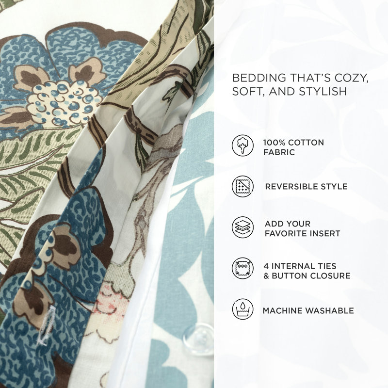 Sydney Twin XL Green Blue Reversible Cotton Floral Duvet Cover Set