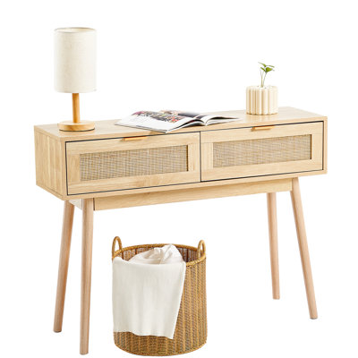Console en bois naturel, avec 2 tiroirs de rangement et pieds stables, idéale pour un mur télé, une entrée ou une porte coulissante, ou pour un salon multifonctionnel.