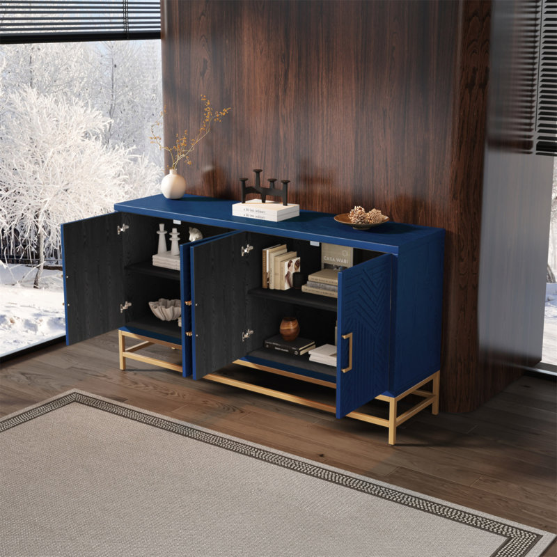 Buffet avec rangement TREXM, armoire avec tablettes réglables, poignées et pieds rectangulaires en métal pour la cuisine, le salon et la salle à manger, bleu marine