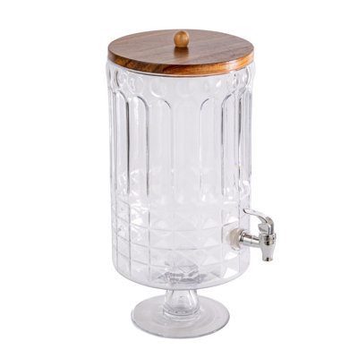 Cut Glass Beverage Dispenser With Plastic Spout And Acacia Wood Lid