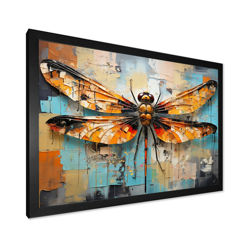 «Orange Dragonfly Insectes Flight Collage I», reproduction sur toile, H 34 po x l 44 po x P 1,5 po, Cadre photo noir