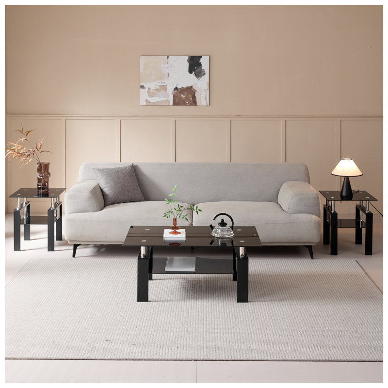 Table basse en verre trempé noir avec pattes en métal, table d'appoint moderne à 2 niveaux pour salon